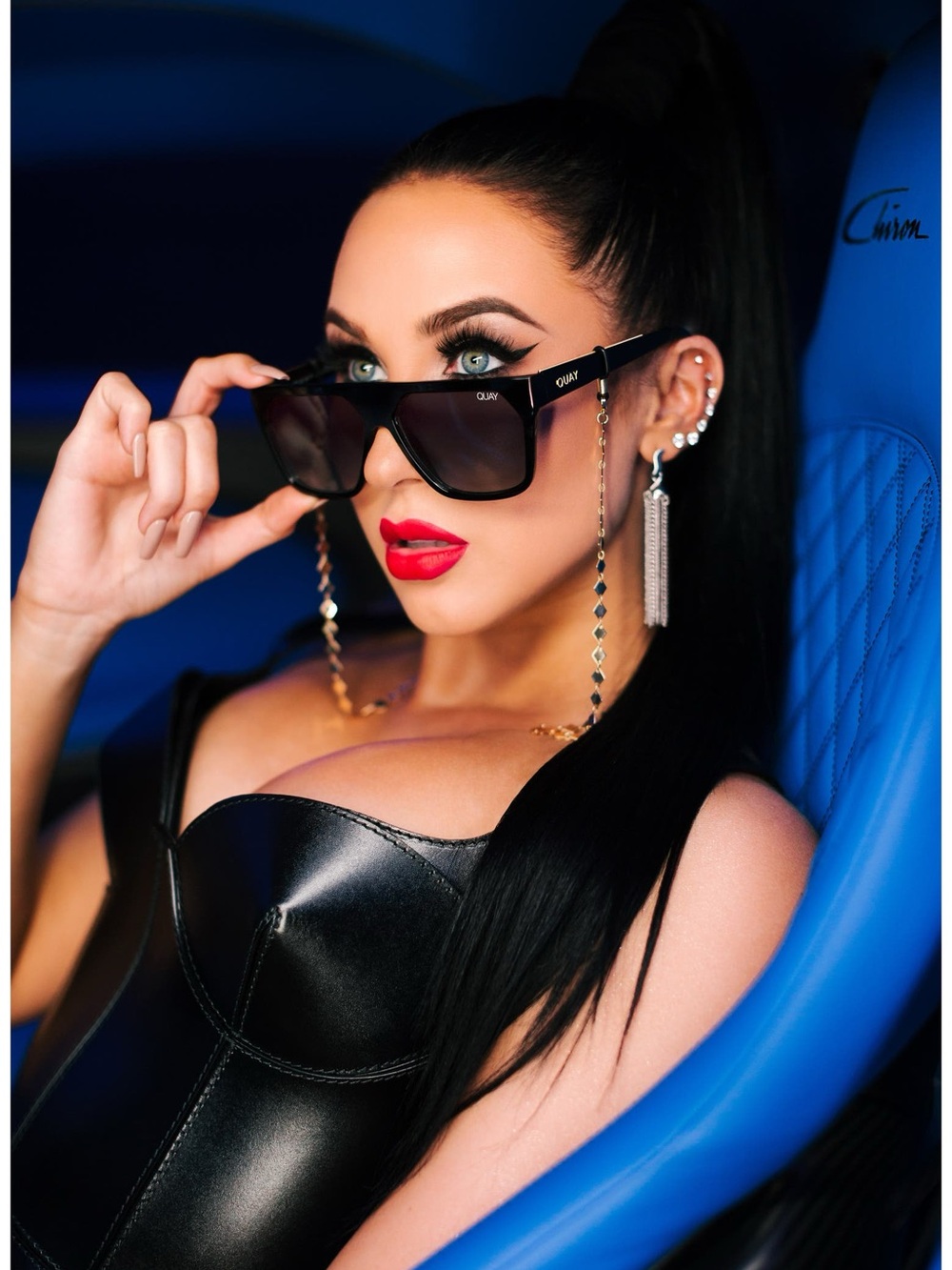 Quay Australia Very Busy Oversized Sunglasses in Black with Gold Chain Accent